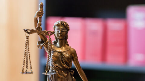 Justitia Justitia vor einem Bücherregal