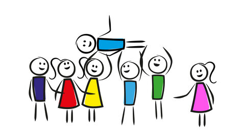 Eine Gruppe gezeichneter Männchen hebt eines der Männchen hoch.