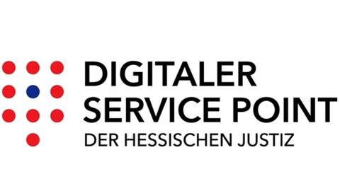 Symbolbild "Digitaler Service Point" Schriftzug "Digitaler Service Point der hessischen Justiz" mit Logo
