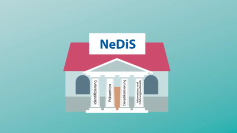 Illustration eines Hauses mit mehreren Säulen. Die Säulen enthalten jeweils einen der folgenden Begriffe: Identifizierung, Prävention, Deradikalisierung sowie Informations- und Erfahrungsaustausch. Das Haus ist überschrieben mit dem Schriftzug „NeDis“