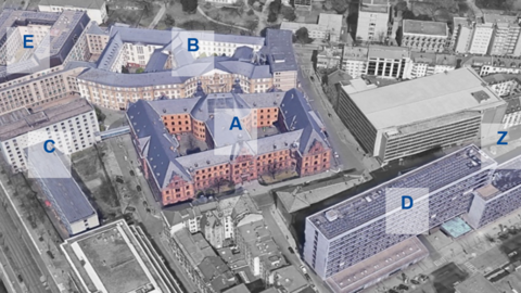 Das Justizzentrum Konstablerwache aus der Luft Das Justizzentrum Konstablerwache aus der Luft, alle Gebäude mit Buchstaben markiert.