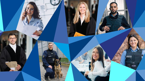 Bildcollage, in der verschiedene Berufe der Justiz teils durch Uniformen vorgestellt werden.