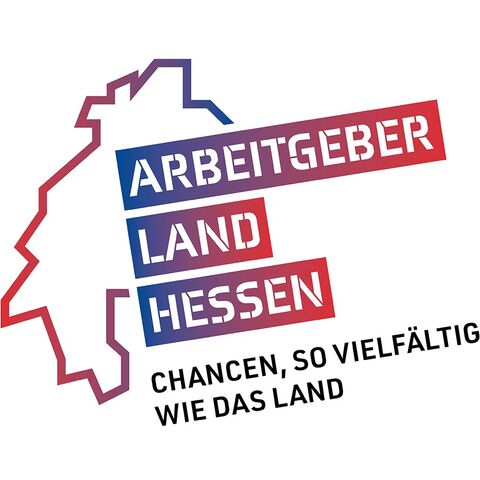 Logo "Arbeitgeber Land Hessen" Schriftzug "Arbeitgeber Land Hessen - Chancen, so vielfältig wie das Land" vor dem Umriss des Landes Hessen