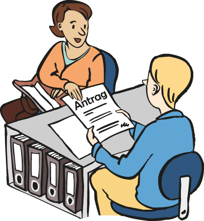 Behoerde-3 Die Frau vorn arbeitet auf einem Amt. Die andere Frau beantragt eine Sache bei ihr.