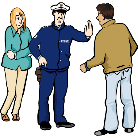 Kontaktverbot Ein Polizist schützt eine Frau vor einem  Mann. Die Frau hat Angst. Der Polizist sagt Stop zu dem Mann.